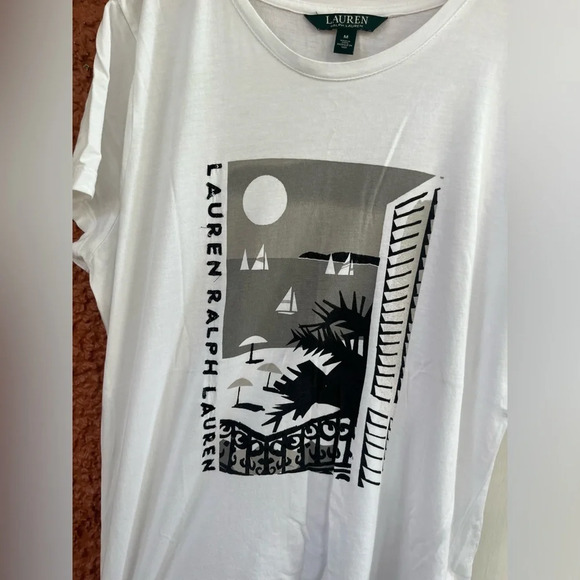 Lauren Ralph Lauren Beach Cotton Blend Shirt White Sequined Logo Size Medium - Picture 4 of 7